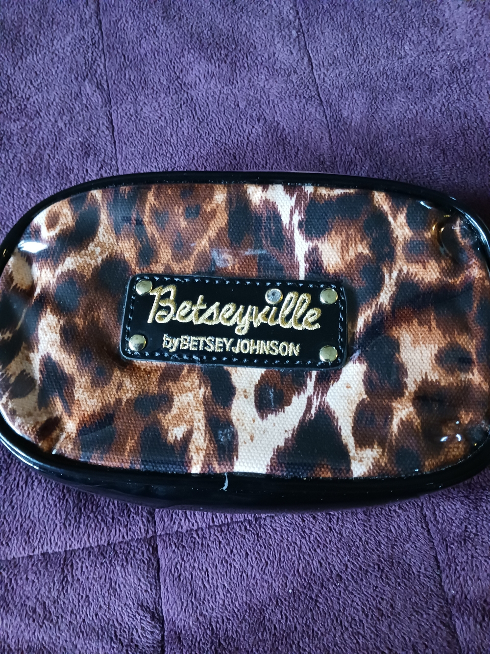 Betsey Johnson Leopard Print Cosmetic Bag with Gold Logo